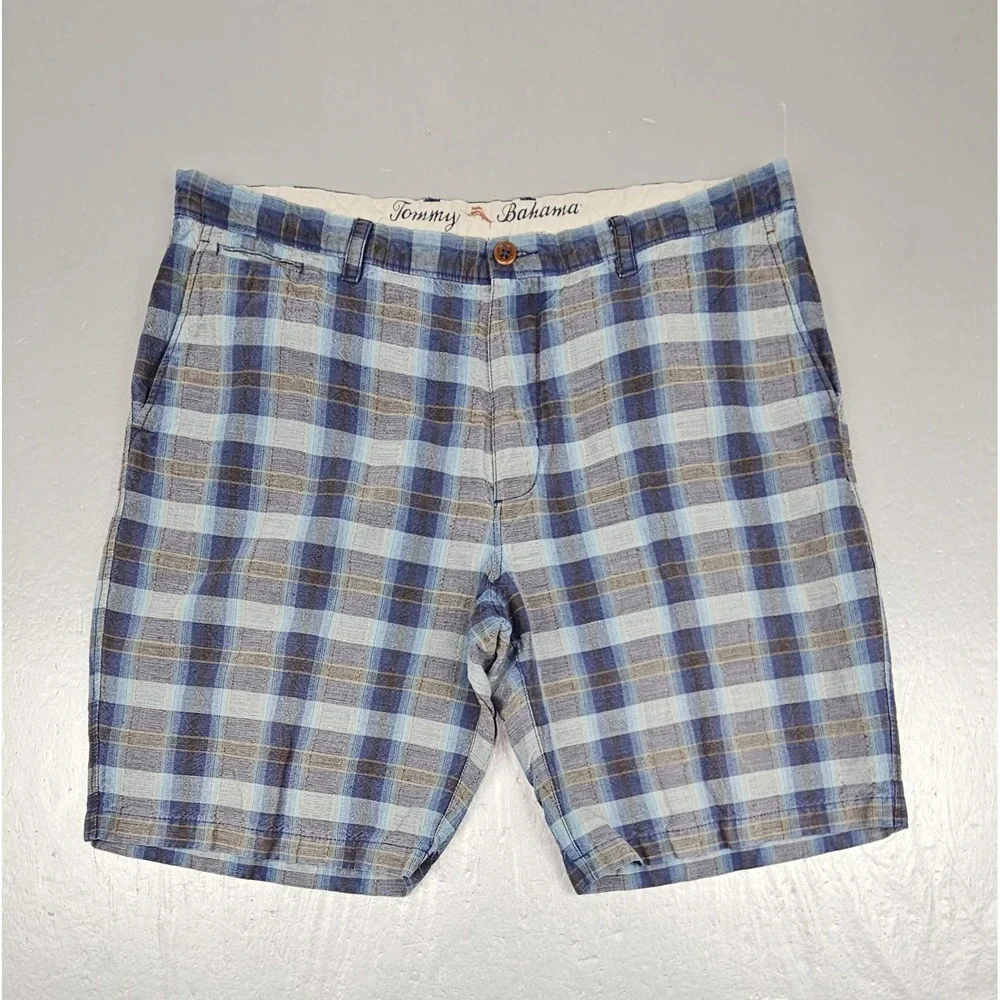 Tommy Bahama Shorts Mens 38 Blue Plaid Linen Tencel Pocket Casual Flat Front